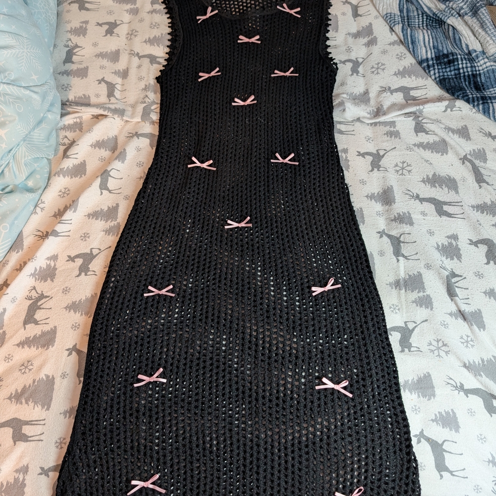 Black Crochet Dress with Pink Accents
